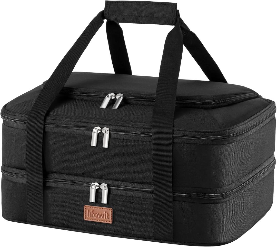 Lifewit Double Decker Casserole Carrier for Hot and Cold Food, Insulated Casserole Dish Carrier Carrying Case with Tool Room, Thermal Bag for Potluck Parties Cookouts Fits 9"13" Baking Dish, Black