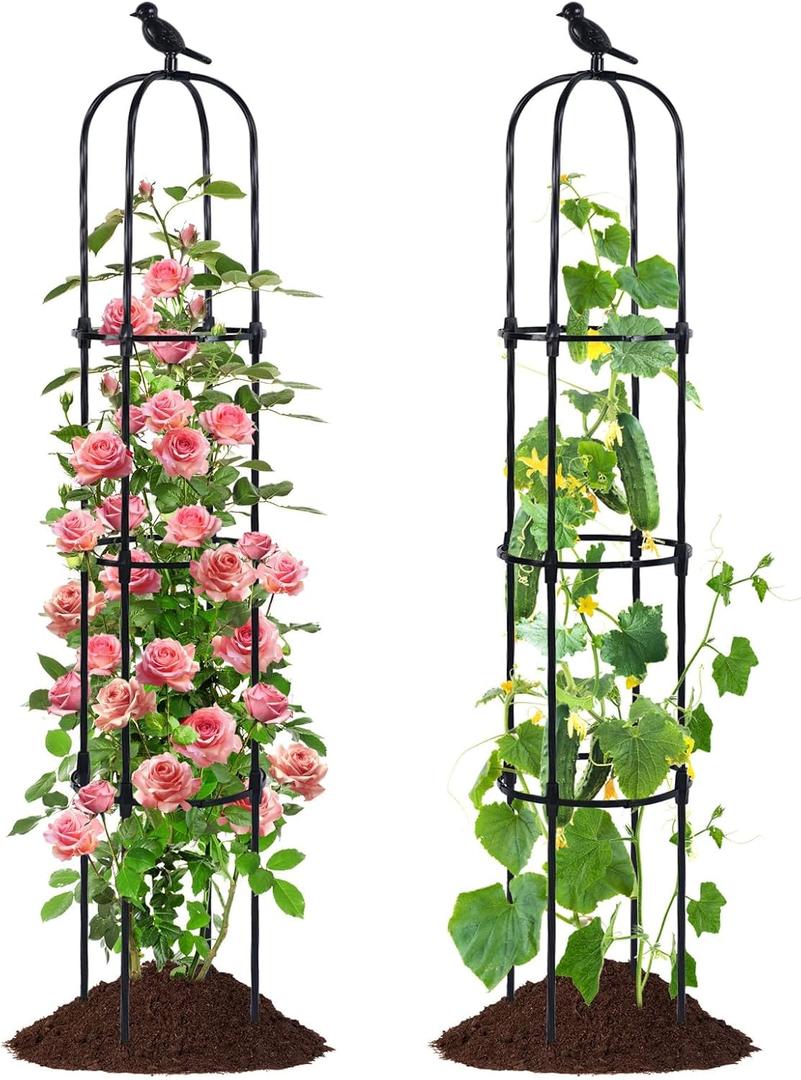 FOLLOOK Garden Obelisk Trellis for Climbing Plants Outdoor, Lightweight Climbing Plant Support Flower Roses Clematis Vegetable Light Vines Round Trellis for Raised Garden Bed Planter, Black, 2 Pack