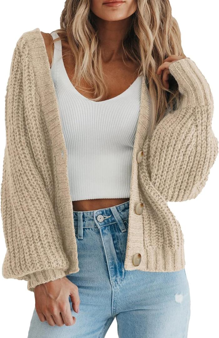 PRETTYGARDEN Women's Chunky Knit Open Front Sweater Long Sleeve Button Loose Short Cardigan Outerwear Coats (Medium, Apricot)