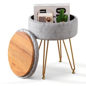Cpintltr Modern Velvet Foot Rest Stool Upholstered Round Storage Ottomans Multipurpose Dressing Stools Luxury Home Decor Ottoman Coffee Table Top Cover Footstool with Metal Legs for Couch Light Grey