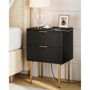 Masupu Nightstand with Charging Station,MidCentury Modern Bedside Table with 2 Storage Drawer,Small Gold Frame Side End Table for Bedroom,Living Room (Black)