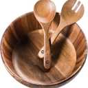 BILL.F Wooden Salad Bowl, 12'' Acacia Wood Salad Bowls Set Large Salad Mixing Bowl with Servers-3-Piece Big Salad Bowl Set