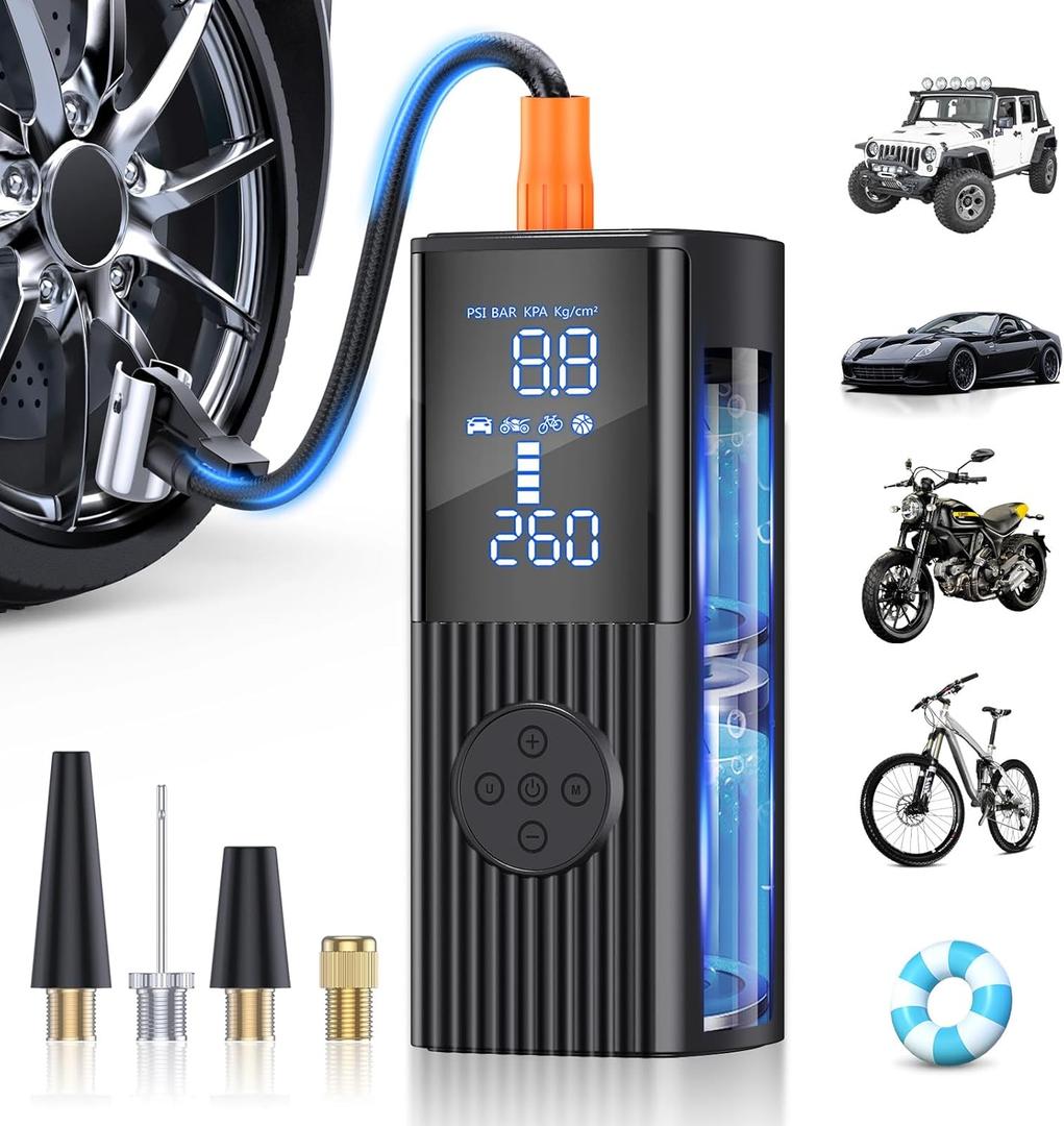 Tire Inflator Portable Air Compressor, 180PSI Cordless Air Pump with Digital Gauge, LED Light and Auto Shut-Off Function, 3X Faster Air Compressor for Car, Motorcycle, Bicycle, Ball (Dark Black)