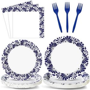 96 Pcs De Barro Mexican Talavera Paper Plates and Napkins Party Supplies White Blue Floral Clay Disposable Tableware Set Talavera Party Decorations for Fiesta Wedding Baby Shower Favors for Serves 24