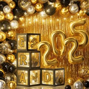 Ecomore Graduation Party Decorations Class of 2025-86 PCS Grad Party Supplies Includes LED Light Strings Balloon Block Boxes with Letters Foil Curtain Backdrop 2025 Balloon Garland Kit - Black Gold
