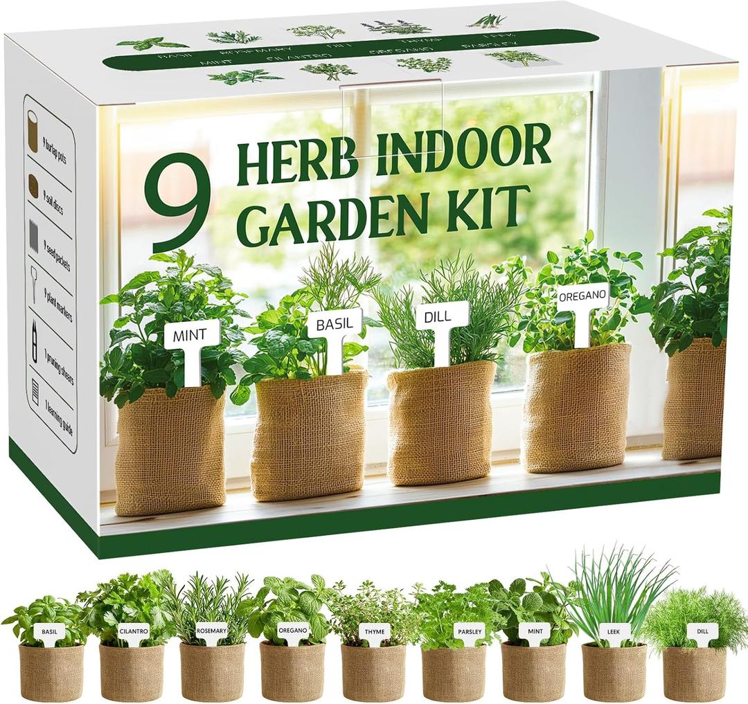 9 Herb Indoor Window Garden Kit, Gift for Women, Mom, Friend, Mother, Her, Birthday, Housewarming, Unique Home Kitchen Gifts for Garden Starter Beginner Lovers