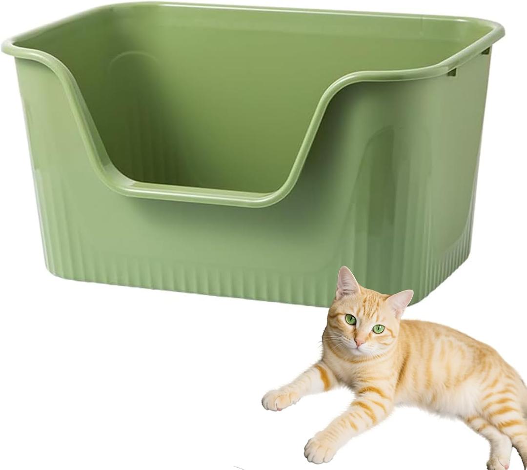 SpaceTime Large Cat Litter Box with High Sides,Cat Boxes for Indoor Cats,Cat Litter Pan for Kitty,Litter Box with Low Entry,Easy to Clean,Anti-Splashing (Green)