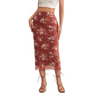 Milumia Women's Boho Floral Print Midi Skirt High Waist Mesh Overlay Pencil Skirts (Large)