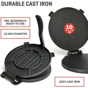 Uno Casa Cast Iron Tortilla Press 10 Inch - Tortilla Maker Press, Pre-Seasoned Roti Maker  - Heavy Duty Quesadilla Maker for Homemade Flatbreads, Rotis, Empanadas