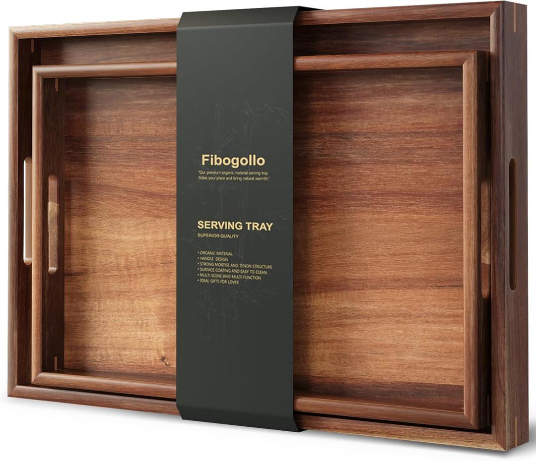 Fibogollo Set of 2 Acacia Wood Serving Tray with Handles,Decorative Trays Platter,Breakfast Tray in Bed,Food Drinks Tray for Eating,Working,Storing(Brown)