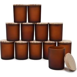 Thick Candle Jars for Making Candles 12 Pcs, 7 OZ Empty Jars with Wood Lids for Candle Making, Sample Container, Frosted Brown