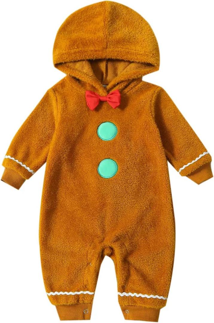 Newborn Gingerbread Costume Christmas Gingerbread Man Romper Long Sleeve Fleece Hooded Jumpsuit Outfit Fall Clothes (6-12 Months, Brown)