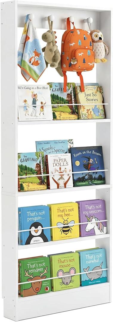 Behind The Door Bookshelf Kids Wooden Behind Door Bookcase 4-Tier White, 23.6''Lx3.94''Dx60.83''H