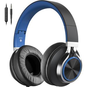 AC01 Over-Ear Headphones Wired, Noise Isolating Corded Stereo Headsets with Microphone Volume Control for Adults Teens 3.5mm for Chromebooks, Laptop, Computer, Tablets, Travel (Black Blue) 