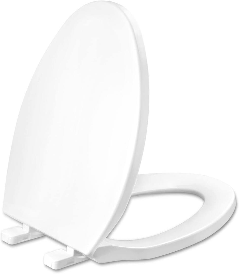 Toilet Seat Elongated, Slow Close Hinges, Four Non-Slip Bumpers, Easy to Install and Clean, Durable Plastic, White Two Sets of Mounting Parts Included