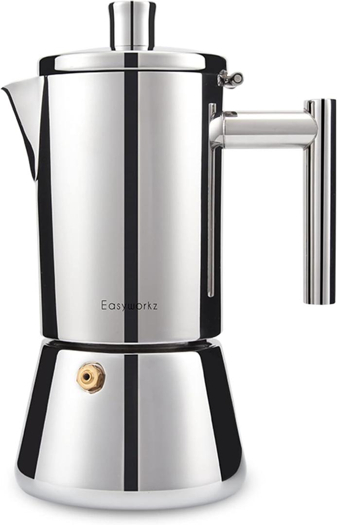 Easyworkz Diego Stovetop Espresso Maker Stainless Steel Italian Coffee Machine Maker 4Cup 6.8 oz Induction Moka Pot (Silver)