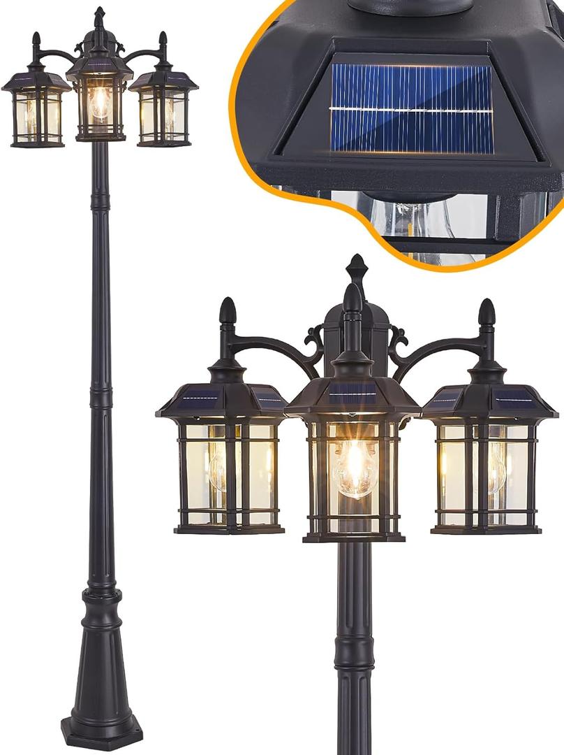 Solar Powered Outdoor Post Light 82.7" H 3-Headed Lamp Post with Dusk to Dawn Sensor Pole Street Lantern 3 Light Black Outdoor Lamp Post Lights E26 Outdoor Street Light for Pole Garden Yard
