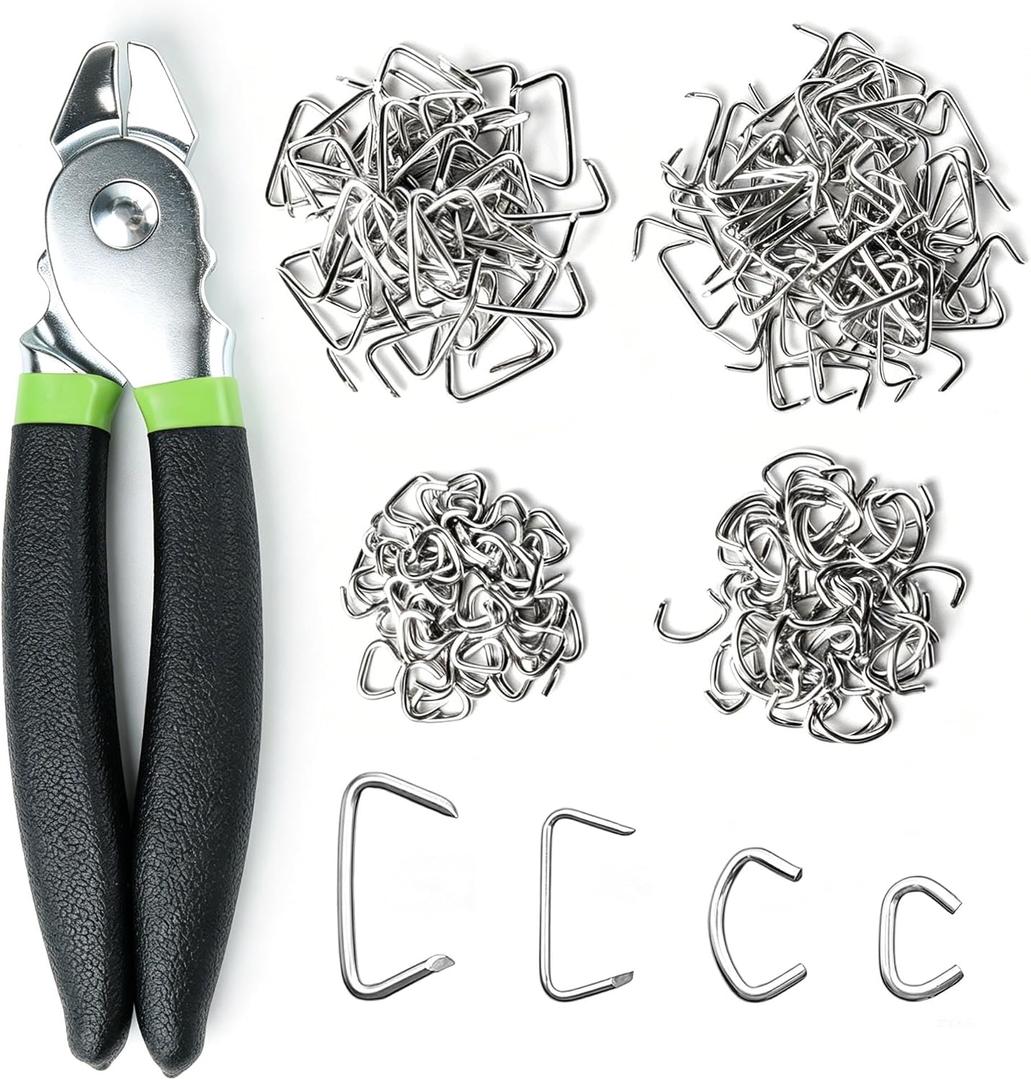 Straight Hog Ring Pliers Kit with 240 Galvanized Hog Rings, 3/8", 1/2", 3/4", 1", for Auto Upholstery, Fencing, Pet Cages