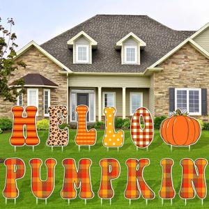 13 Pcs 12 Inches Hello Pumpkin Thanksgiving Yard Signs for Outdoor Lawn Decoration Waterproof Plastic Fall Pumpkin Yard Sign with Stake Pathway Autumn Garden Marker for Thanksgiving Party Decor