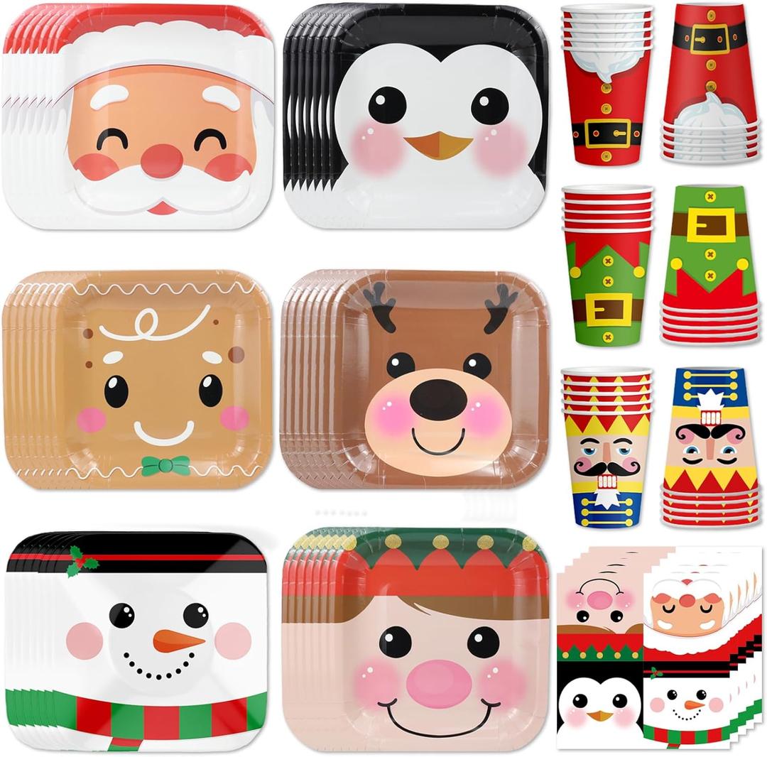 HABDJILTY 120 Pcs Christmas Paper Plates and Napkins Tableware Set, Christmas Party Supplies - Disposable Santa Gingerbread Snowman Plates Napkins Cups for Xmas Winter Party Table Decorations,Serve 30