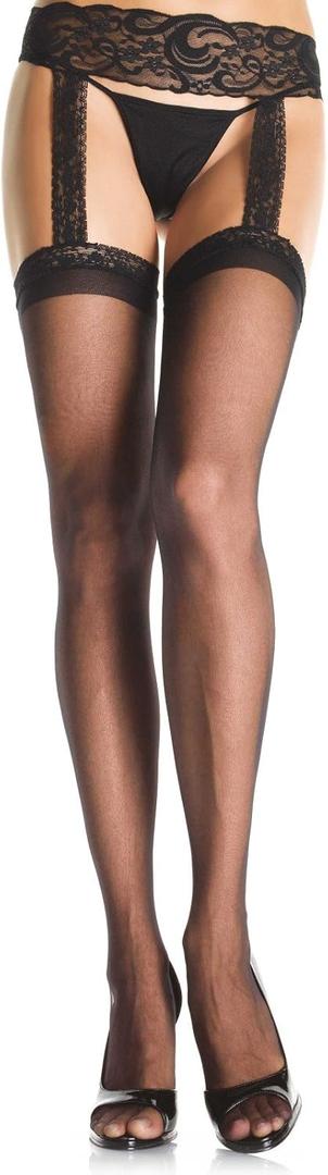 Leg Avenue womens Sheer Stockings With Attached Garter Belt Hosiery, Black Lace, Queen US
