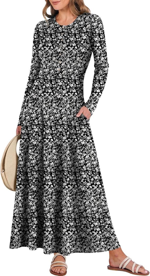 ANRABESS Women's Long Sleeve Maxi Dress, Button Down, A-Line Fit & Flare Flowy, Fall Casual Work Vacation Long Dresses (XL)