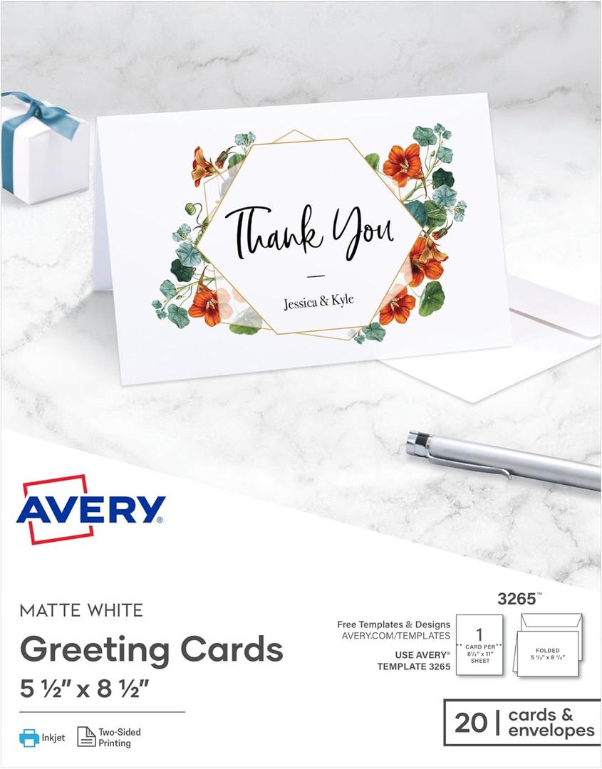 Avery Printable Half-Fold Greeting Cards, Envelopes Included, 5.5" x 8.5", Matte White, Inkjet Printer Compatible, 20 Blank Cards Total, Great for Product Branding, Marketing, and More (3265) (One Size)