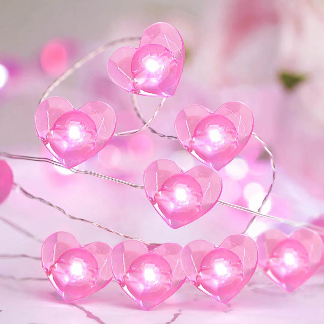 Valentine Day Decorations 13 ft 40 LEDs Pink Heart Shaped Twinkle Fairy String Lights Battery Operated for Kids Bedroom Wedding Indoor Outdoor Party Valentine's Day Mother's Day Decor(Pink)