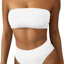 Pink Queen Women's Ribbed High Waisted Bikini Set Removable Strap Bandeau Swimsuit (Medium, 01 - White Ribbed Fabric)
