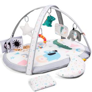 Lupantte 7-in-1 Baby Play Gym Mat with 2 Washable Covers, Infant Activity Mat with 6 Sensory Toys for Visual, Hearing & Cognitive Development, Thick Non-Slip Playmat for Babies & Toddlers (White)