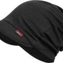 FADACHY Hat for Women - Soft Double-Layer Beanie with Ponytail Hole Spring Fall Winter Hats with Brim/Slouchy Beanie Cap (Black)
