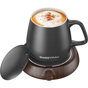 SWEETFULL Mug Warmer for Coffee and Tea Coffee Mug Warmer Set W/Mug and Lid Coffee Warmer As Coffee Gifts for Desk Office Coffee Lovers. 20W Cup Warmer Candle Warmer Auto Shut Off (Wood Grain)