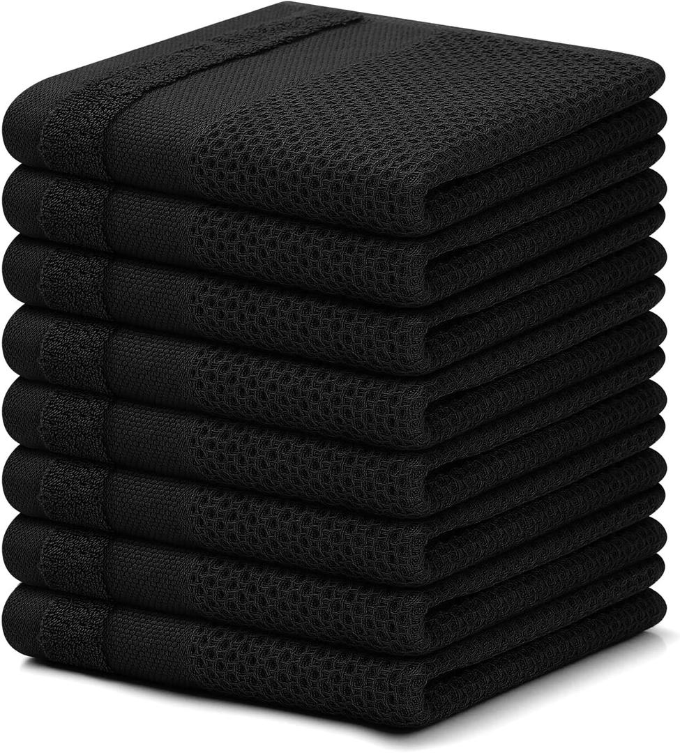 Homaxy 100% Cotton Dish Cloths, 8 Pack - 12 x 12 Inches, Waffle Weave Super Soft and Absorbent Dish Towels Quick Drying Dishcloths, Black