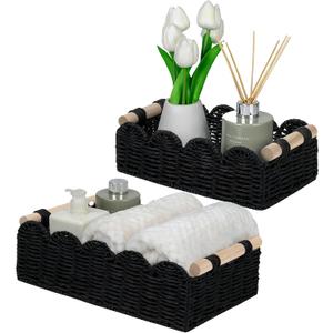 Black Scalloped Edge Storage Baskets with Wood Handle, Set of 2 Decorative Paper Rope Organizer Bins for Bathroom, Shelf & Countertop