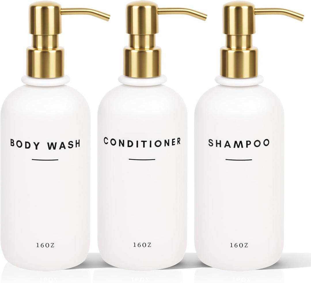 Set of 3 Shampoo and Conditioner Dispenser Stainless Steel Pump Head - 16oz Durable Shower Soap Dispenser and Shampoo Bottles - Easy to Refill Bathroom soap Dispenser Set Bathroom Decor with Labels
