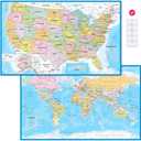 2 Pack Laminated World Map & USA Map Poster Set 18"x29" Wall Chart | Educational Geography Decor for Classroom, Home, School, Office | Matte No-Glare with Adhesive Stickers