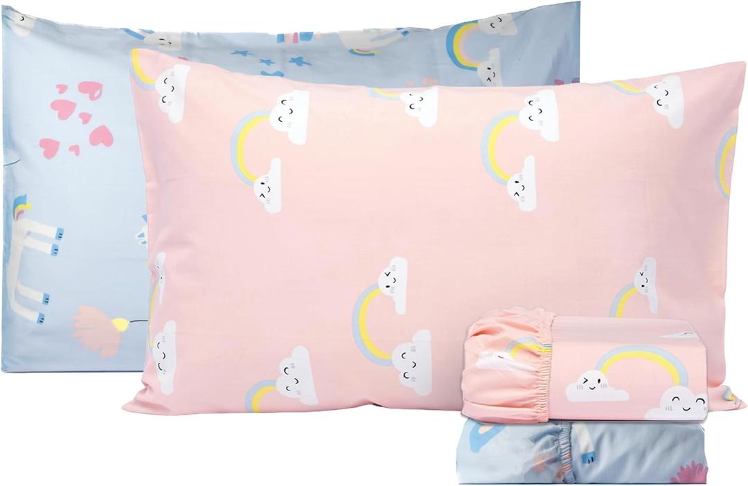 Salt Earth 100% Cotton 210TC Kids Bedsheet, Twin Fitted Sheet, Toddler Bed, 4-Piece Set  2 Fitted Sheets & 2 Pillowcases, Themed Toddler Bed Sheets, Cute Kids Bedding (Unicorn/Rainbow)