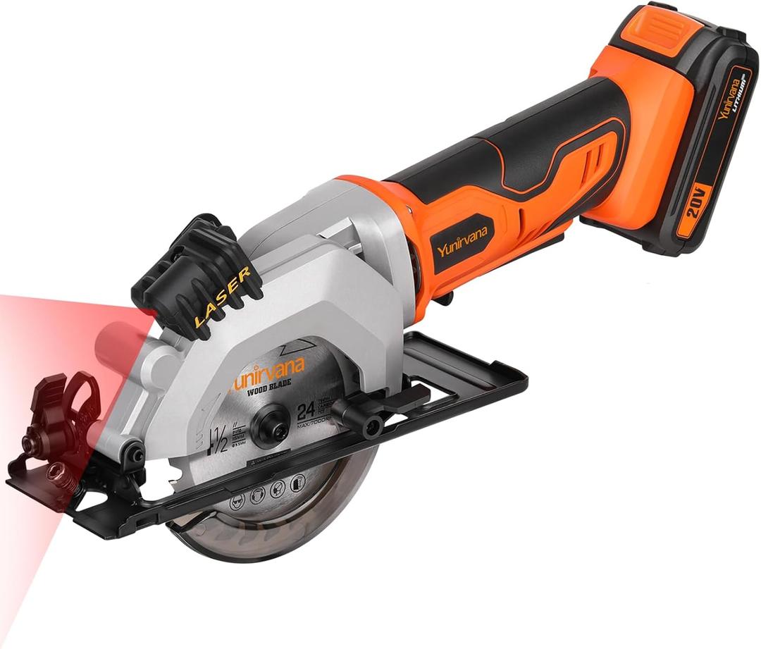 Mini Circular Saw, 20V 3400RPM Professional Cordless Circular Saw, Adjustable Angle and Depth,Max Cutting Depth 1-2/3"(90), 1-1/8"(45), Laser Guide, Rip Guide