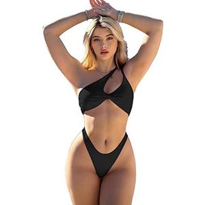 Palmipeta Sexy Brazilian Thong High Cut Bikini Sets for Women One Shoulder Cutout Swimsuits 2 Pieces S Black