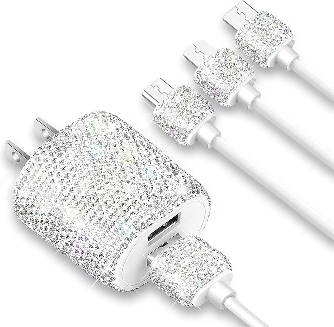 Bling USB Wall Charger with Charging Cable,Fast Block for iPhone Android,3 in 1 Multi Cable Micro USB Type C Multiple USB Cord with Crystal Decoration,Cell Phone Accessories for Women,Girls