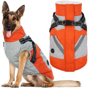 IECOii Dog Coat for Large Dogs, Orange, X-Large - Waterproof Winter Fleece Jacket with Harness, Turtleneck, Reflective Straps, Zipper Closure (X-Large(Chest:29.9 in))