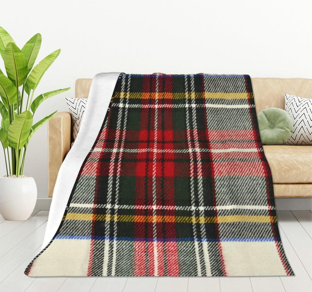 HGOD DESIGNS Scottish Tartan Red and White Wool Plaid Pattern Flannel Fleece Bed Blanket Throw Blanket Lightweight Cozy Plush Blanket for Bedroom Living Rooms Sofa Couch 50"x60"
