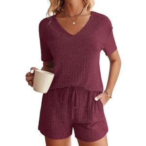 Womens Fashion 2 Piece Outfits Sweatsuits Ribbed Knit Summer Short Sleeve Loungewear V Neck Lounge Set (Large, Red)