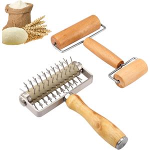 2Pcs Pizza Dough Roller & Dough Docker, Wood Rolling Pin Stainless Steel Dough Hole Puncher for Pizza, Pie, Pastry, Bread, Pasta, Cookie, Crust, burlywood, JKUS20407