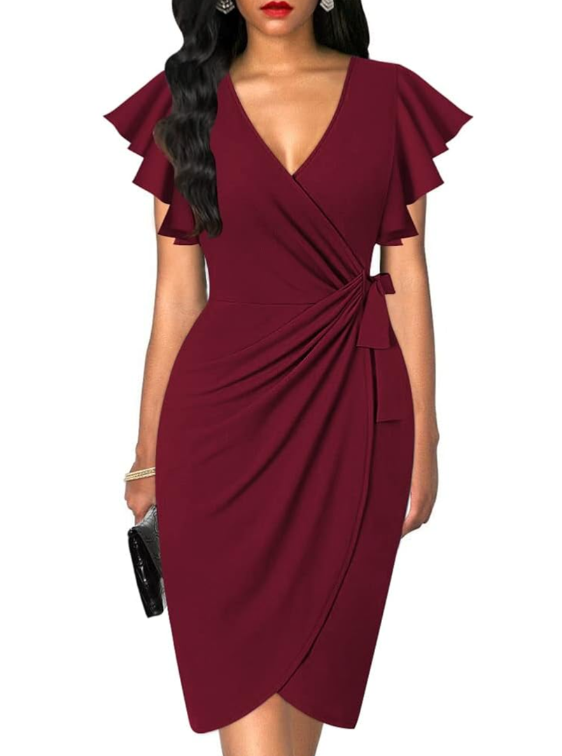 oten Womens Deep V Neck Ruffle Sleeve Sheath Casual Cocktail Party Work Faux Wrap Dress, Red, XL