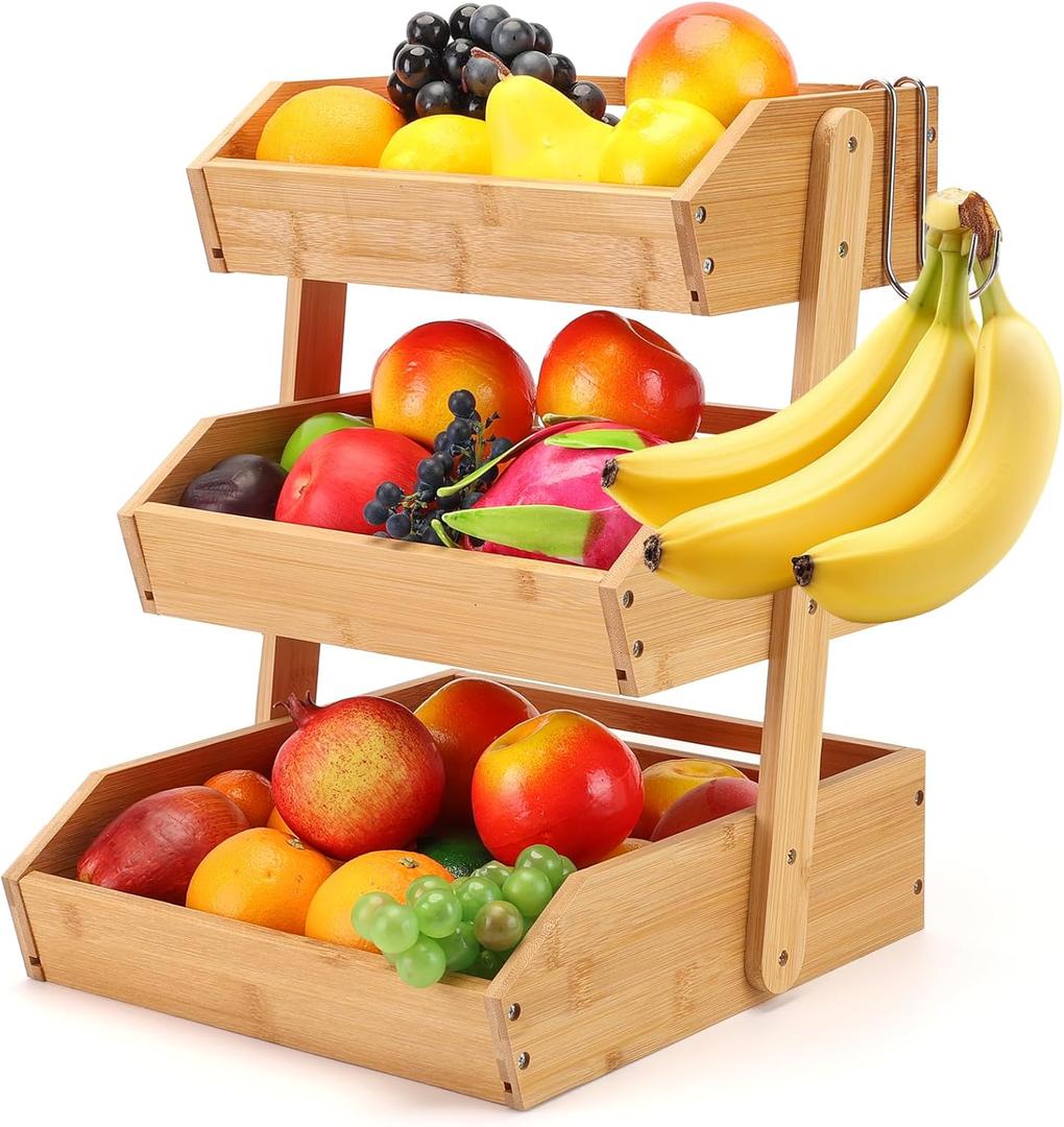 yeatruojeet Bamboo Fruit Basket 3 Tier Fruit Bowl For Kitchen Counter, Large Capacity Fruit Holder With 2 Banana Hangers, Countertop Vegetables Fruit Bowl, Idea For Fruit and Vegetable Storage