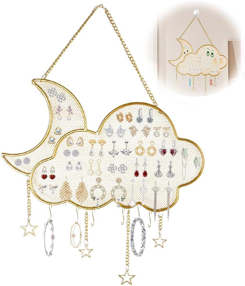 Earring Holder Organizer Hanging Jewelry Organizer Wall Mounted, Metal Stud Earring Display Stand with 6 Hooks, Jewelry Storage Rack for Earrings Necklace Bracelet (Gold)