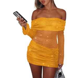 Women Sexy Off Shoulder Bodycon Mini Dress Mesh Sheer Ruched Sparkly Flared Long Sleeve Y2K Dress Club Night Out Dresses (Yellow, XS)