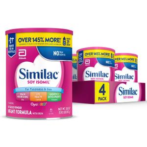 Similac Soy Isomil Infant Formula, for Fussiness & Gas, Plant-Based Protein, Infant Formula Powder, 30.8-oz Value Can, Pack of 4 (EXP 06/01/27)