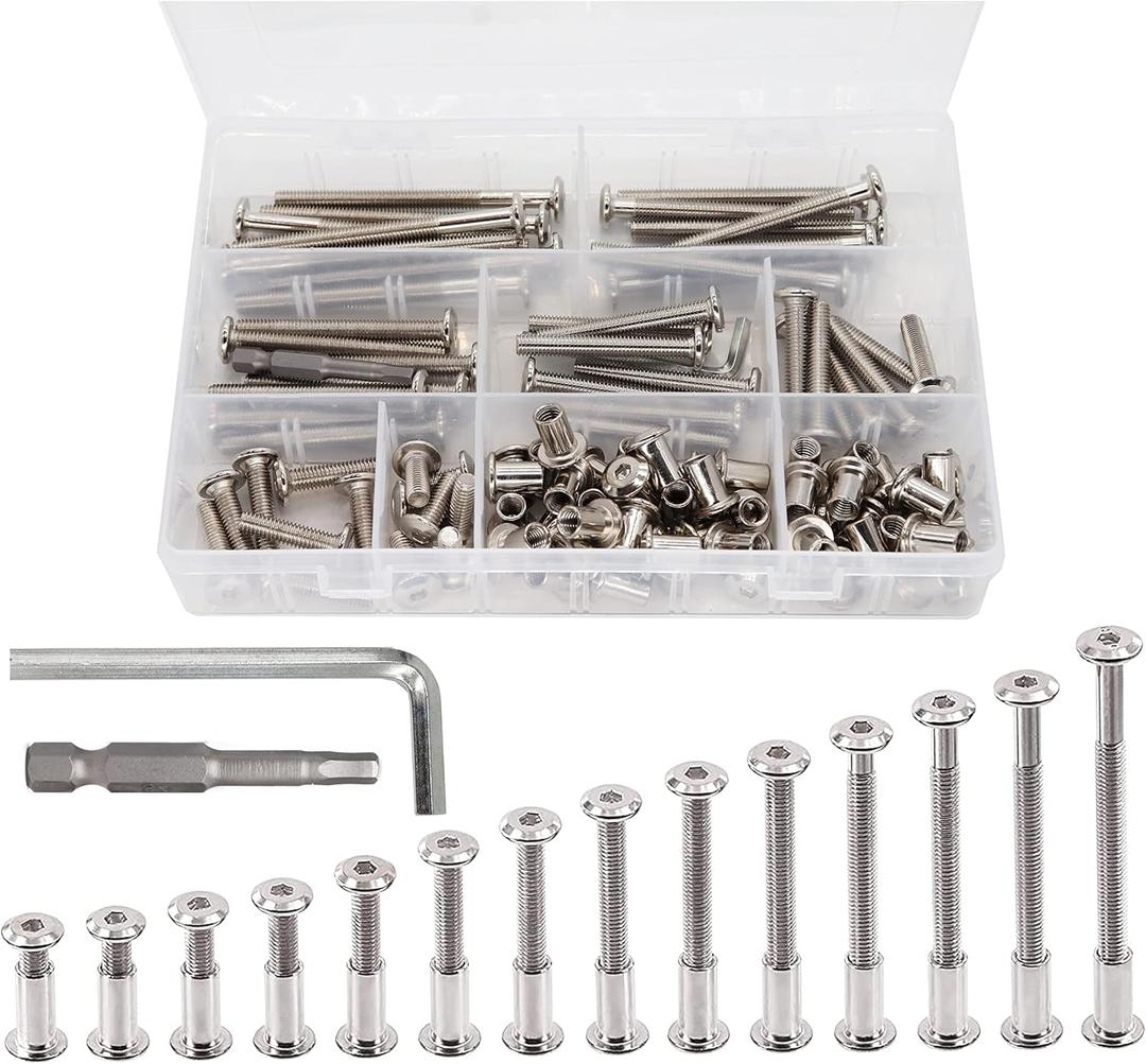 binifiMux 114 Pieces M6 Rivet Countersunk Hex Socket Cap Bolts and Hex Head Barrel Nuts Assortment Kit for Furnitures Cribs Chairs, Nickel Plated